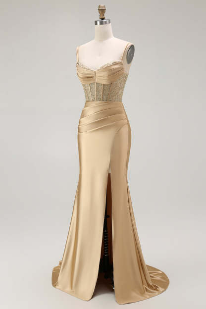 Sparkly Gold Satin Mermaid Maxi Corset Prom Dress with Slit