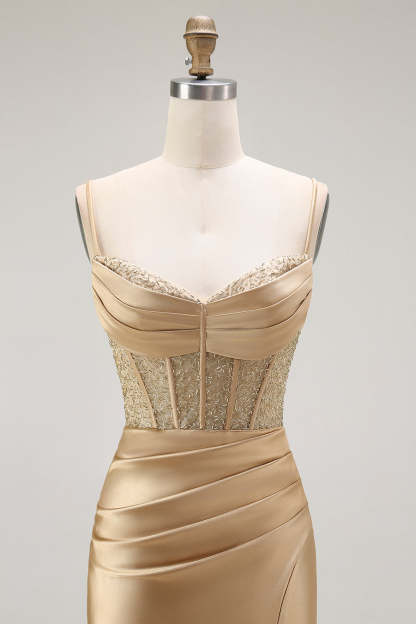 Sparkly Gold Satin Mermaid Maxi Corset Prom Dress with Slit