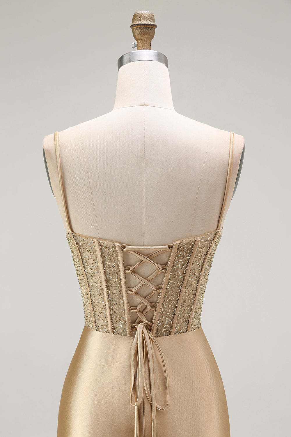 Sparkly Gold Satin Mermaid Maxi Corset Prom Dress with Slit