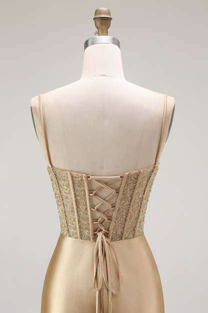 Sparkly Gold Satin Mermaid Maxi Corset Prom Dress with Slit