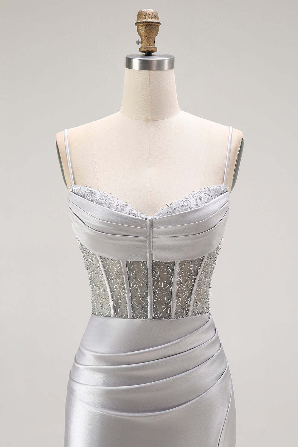 Sparkly Gold Satin Mermaid Maxi Corset Prom Dress with Slit