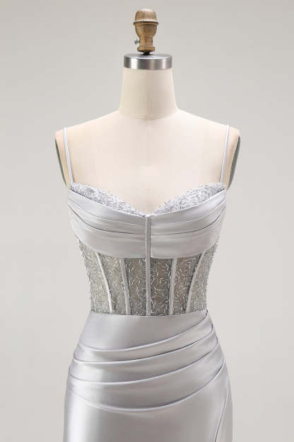 Sparkly Gold Satin Mermaid Maxi Corset Prom Dress with Slit