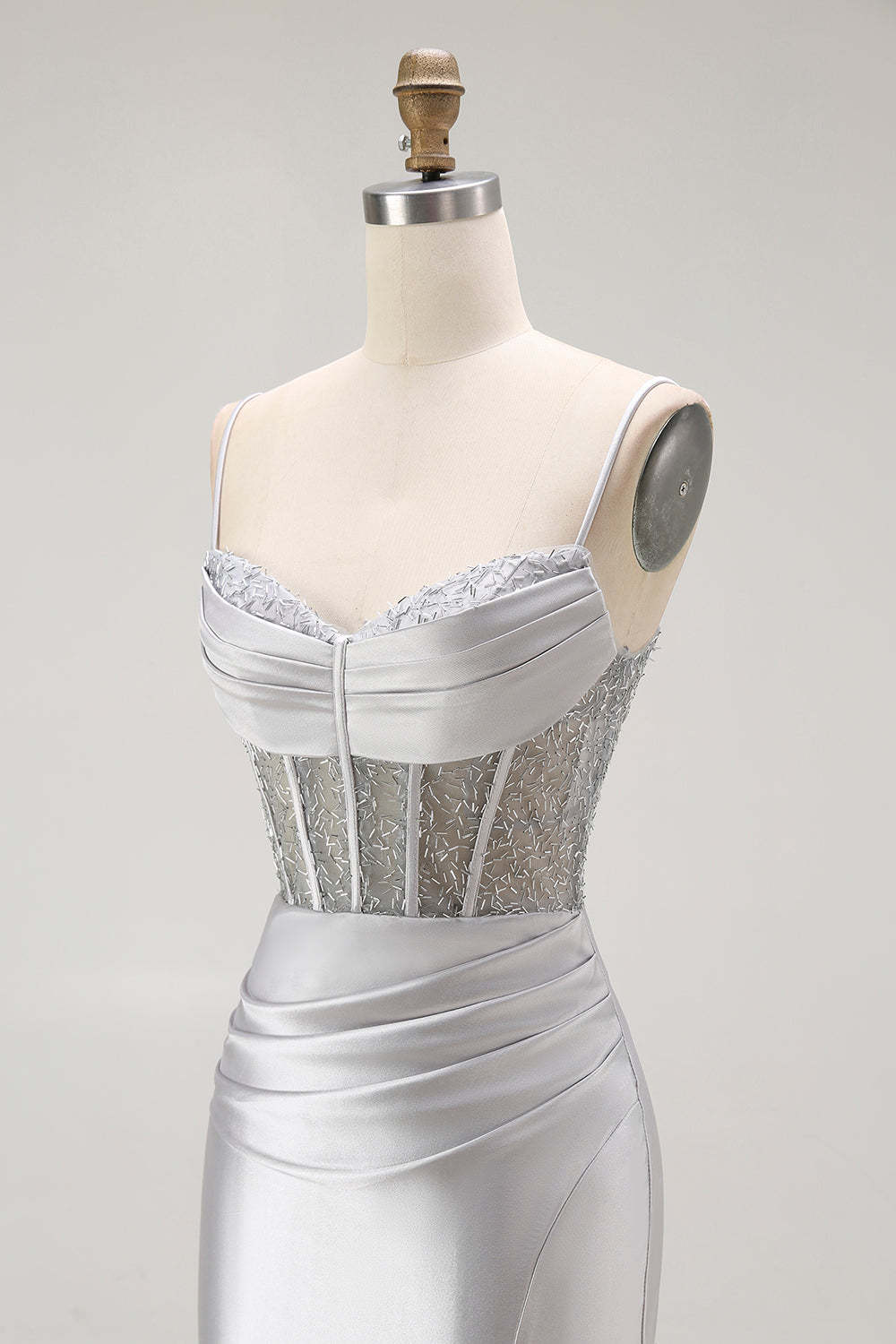 Sparkly Gold Satin Mermaid Maxi Corset Prom Dress with Slit