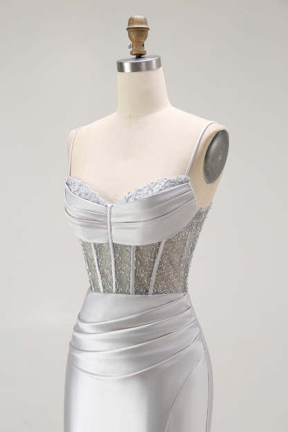 Sparkly Gold Satin Mermaid Maxi Corset Prom Dress with Slit