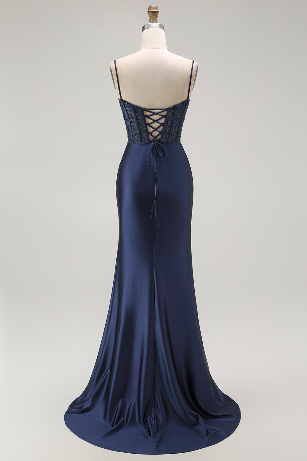 Sparkly Navy Mermaid Satin Long Corset Prom Dress with Beading