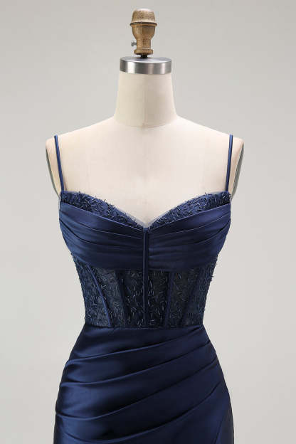 Sparkly Gold Satin Mermaid Maxi Corset Prom Dress with Slit