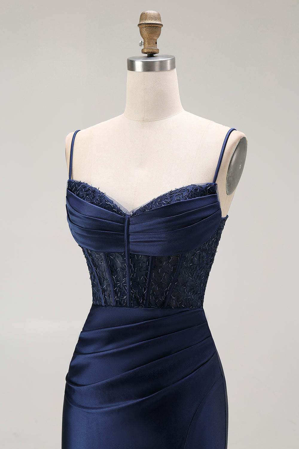 Sparkly Gold Satin Mermaid Maxi Corset Prom Dress with Slit