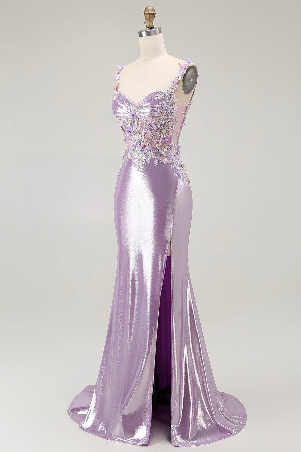 Sparkly Lilac Mermaid Floral Maxi Prom Dress with Slit