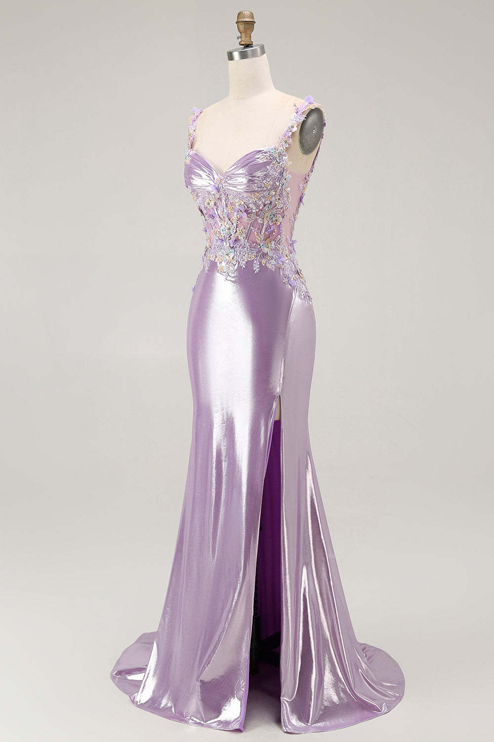 Sparkly Lilac Mermaid Floral Maxi Prom Dress with Slit