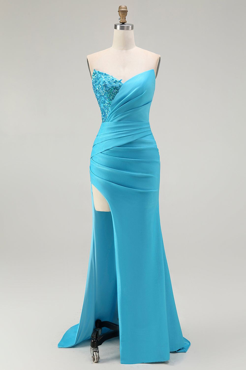 Leely Women Sparkly Satin Blue Long Prom Dress with Slit Mermaid Ruched Strapless Evening Dress with Sequins