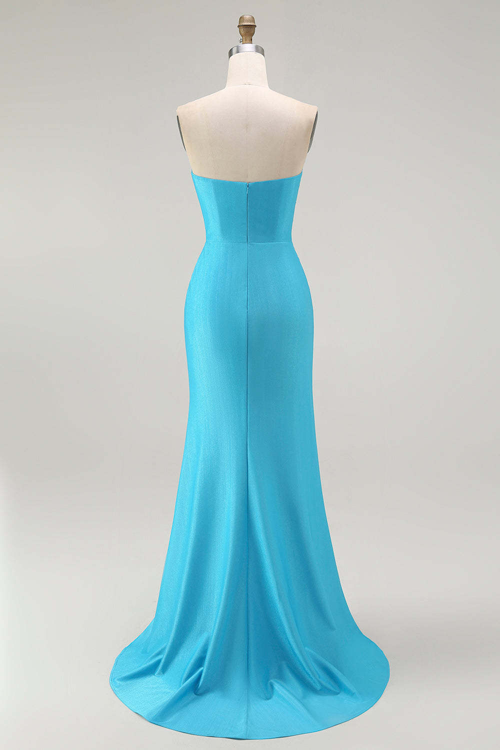 Sparkly Blue Mermaid Ruched Satin Long Prom Dress with Slit
