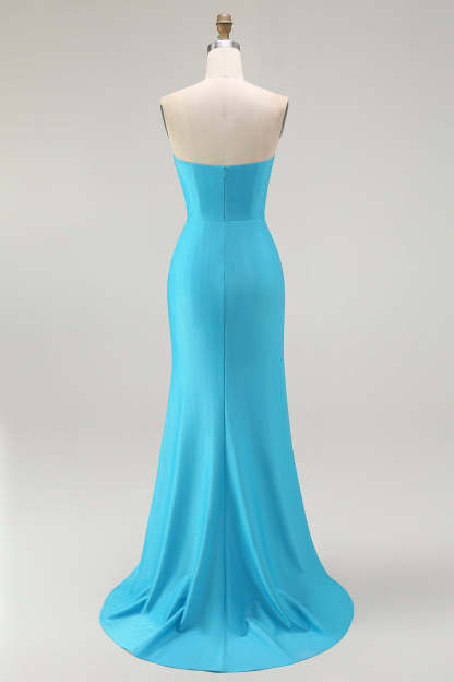 Sparkly Blue Mermaid Ruched Satin Long Prom Dress with Slit