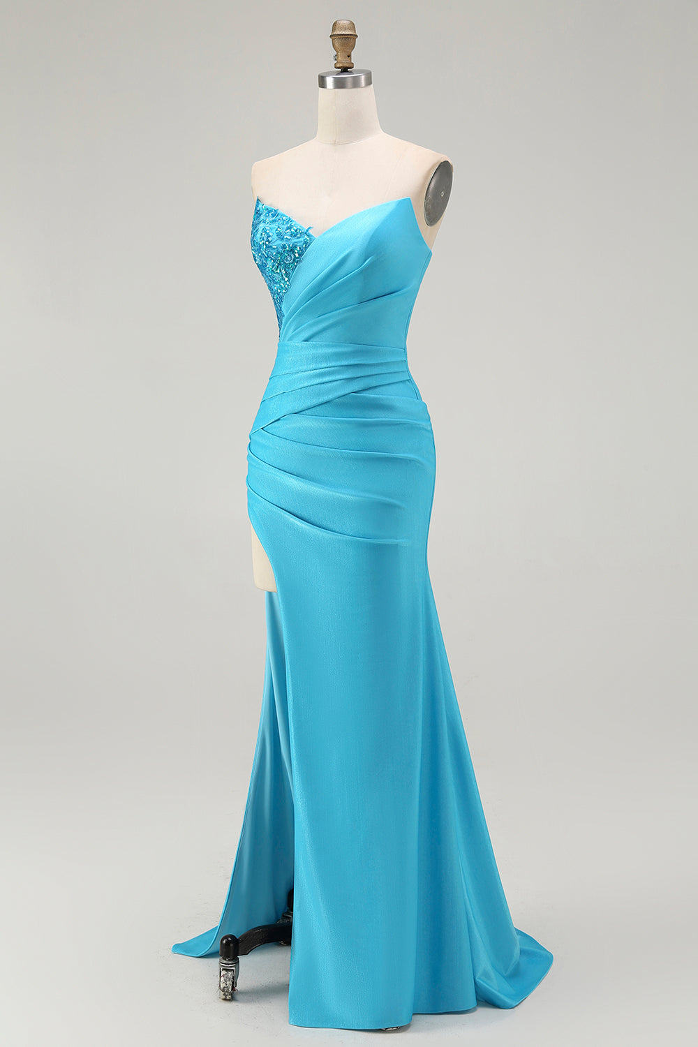 Sparkly Blue Mermaid Ruched Satin Long Prom Dress with Slit