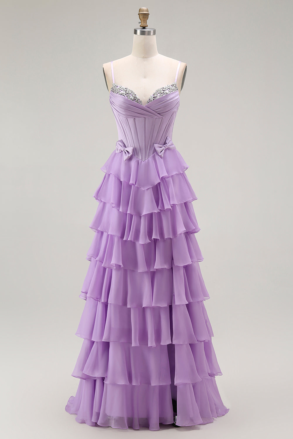 Purple Chiffon Tiered A Line Long Corset Prom Dress with Bows