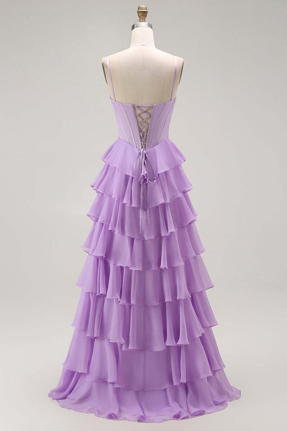 Purple Chiffon Tiered A Line Long Corset Prom Dress with Bows