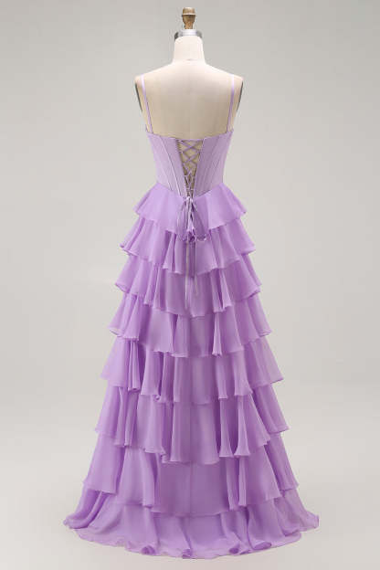 Purple Chiffon Tiered A Line Long Corset Prom Dress with Bows