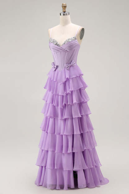 Purple Chiffon Tiered A Line Long Corset Prom Dress with Bows