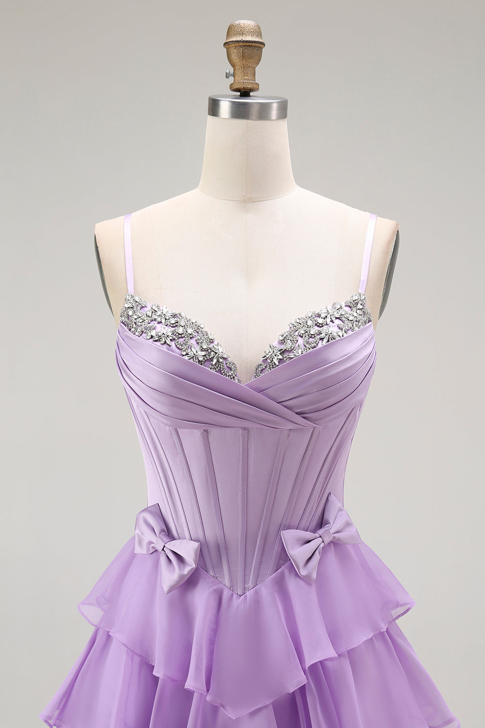Purple Chiffon Tiered A Line Long Corset Prom Dress with Bows