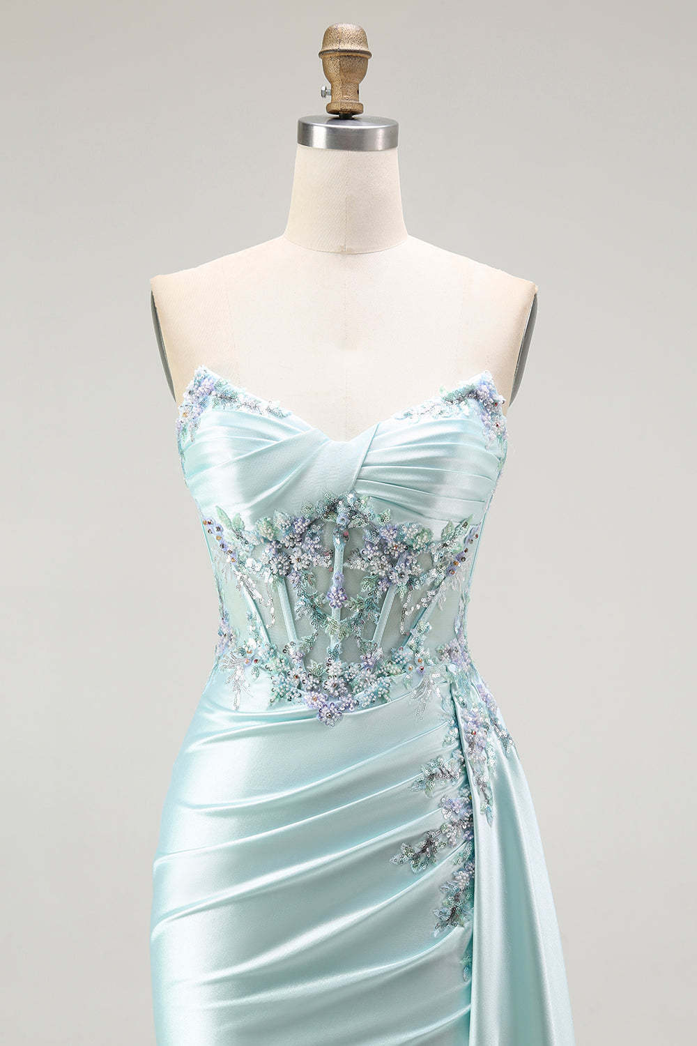 Sparkly Light Green Corset Floral Long Prom Dress with Slit