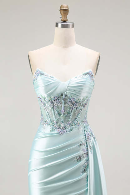 Sparkly Light Green Corset Floral Long Prom Dress with Slit