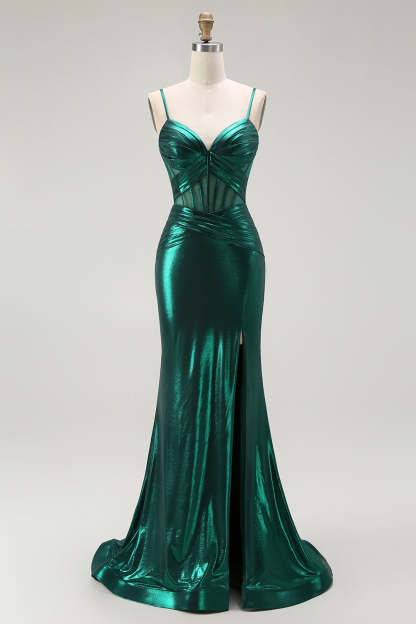 Leely Women Dark Green Long Corset Prom Dress with Slit Metallic Mermaid Spaghetti Straps Evening Dress