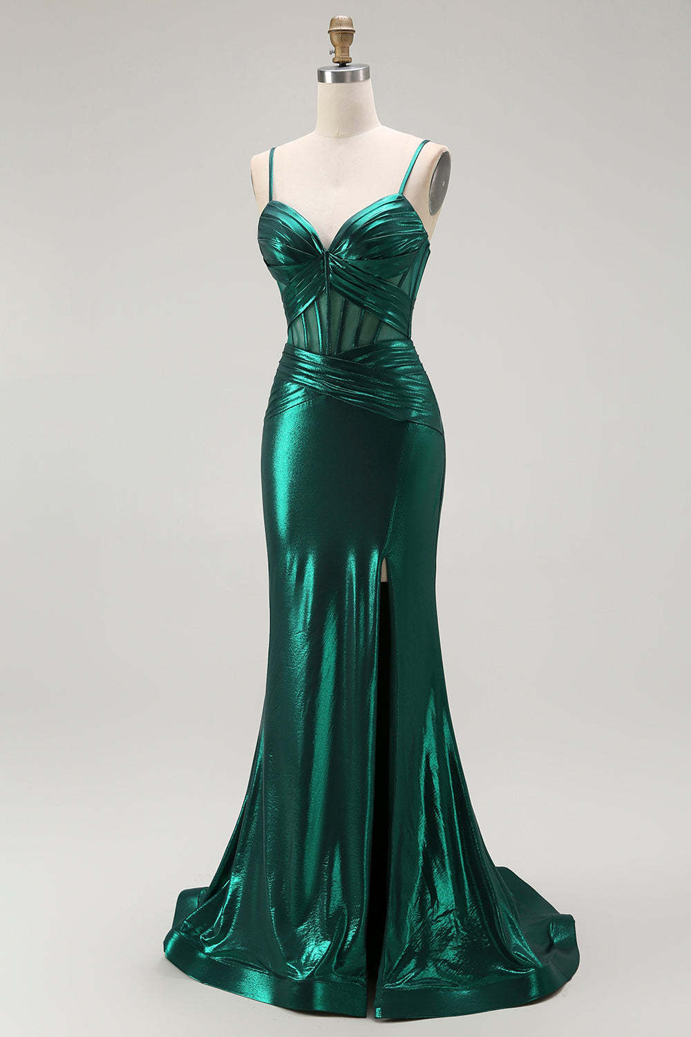 Dark Green Metallic Corset Mermaid Long Prom Dress with Slit