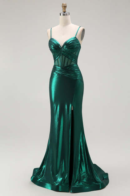 Dark Green Metallic Corset Mermaid Long Prom Dress with Slit