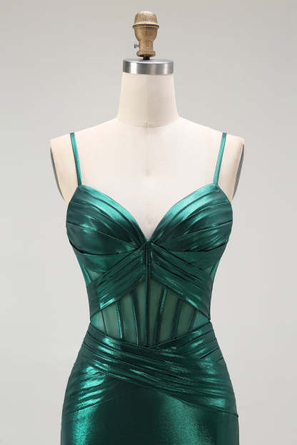Dark Green Metallic Corset Mermaid Long Prom Dress with Slit