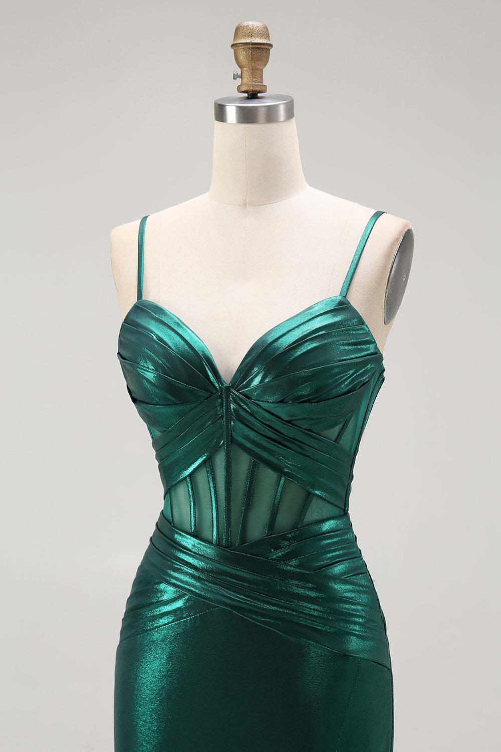 Dark Green Metallic Corset Mermaid Long Prom Dress with Slit