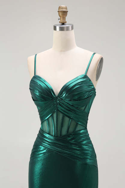 Dark Green Metallic Corset Mermaid Long Prom Dress with Slit