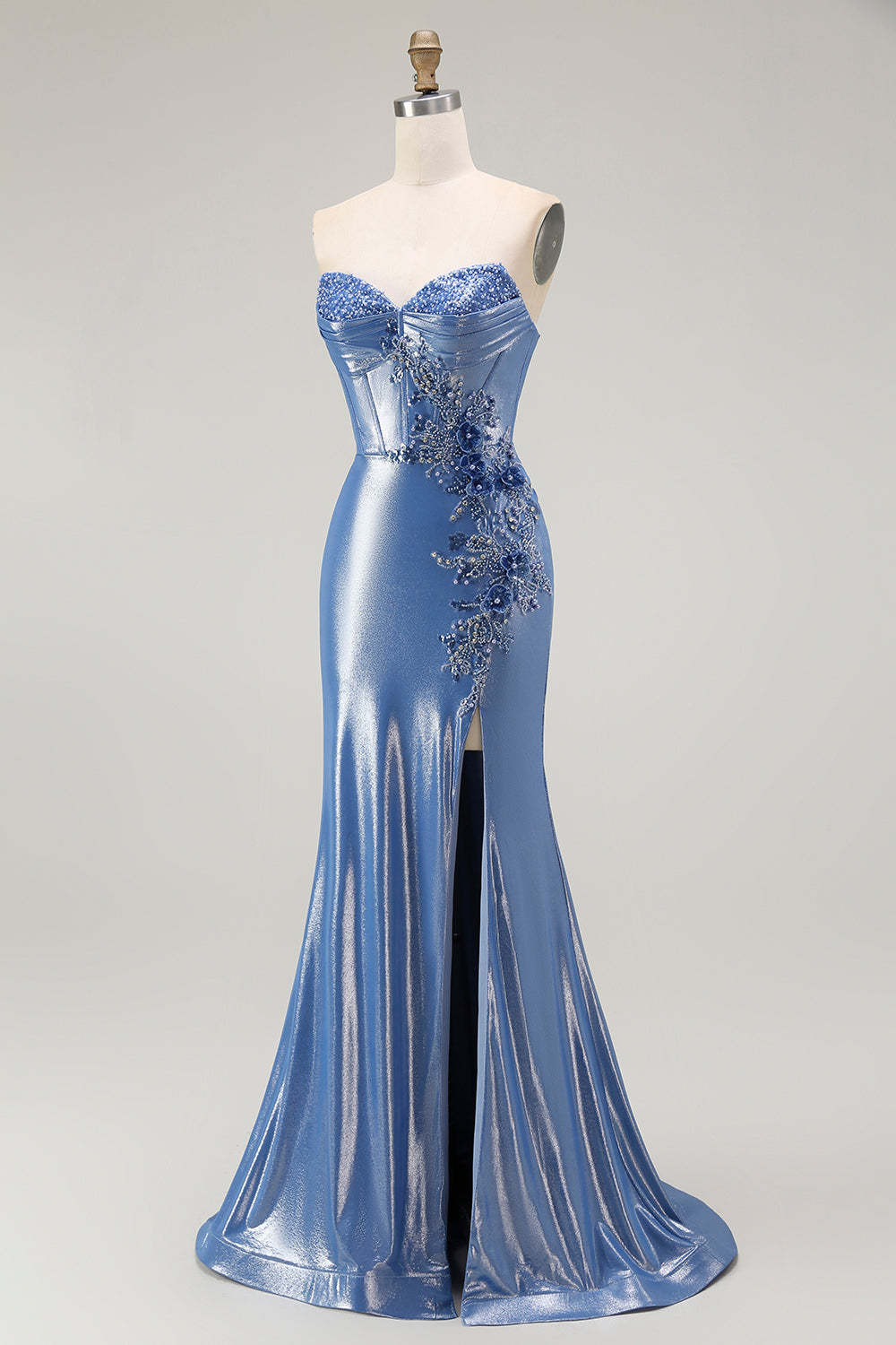 Sparkly Blue Corset Sweetheart Floral Beaded Long Prom Dress with Slit