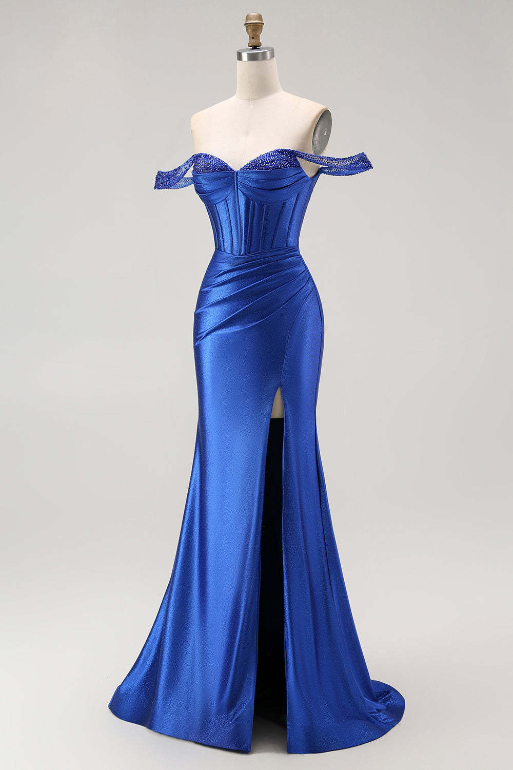 Sparkly Royal Blue Off the Shoulder Corset Long Prom Dress with Slit