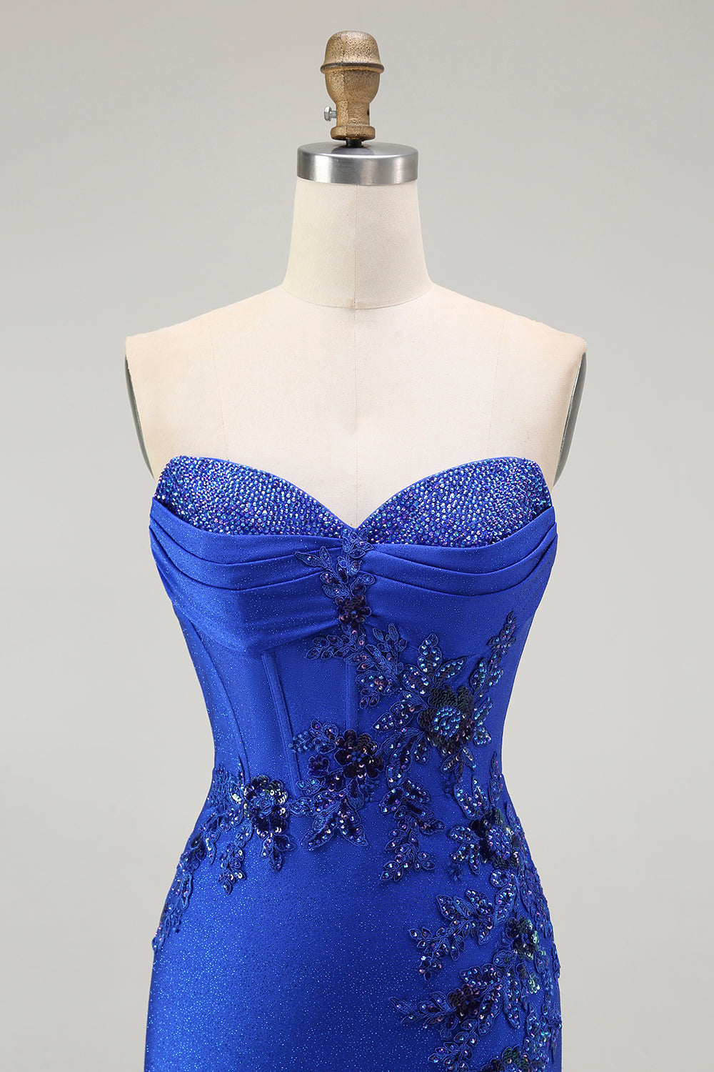 Sparkly Royal Blue Corset Mermaid Floral Maxi Prom Dress with Beading