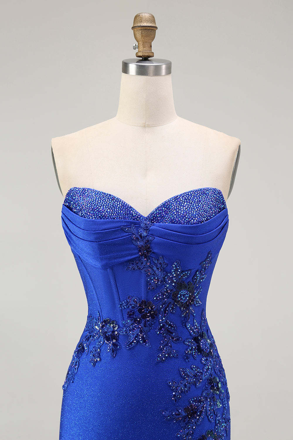 Sparkly Royal Blue Corset Mermaid Floral Maxi Prom Dress with Beading