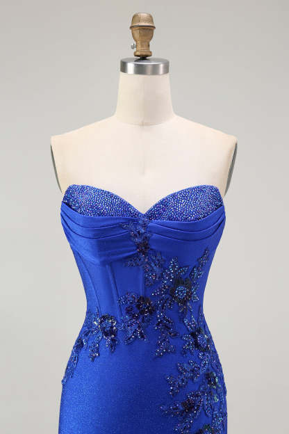 Sparkly Royal Blue Corset Mermaid Floral Maxi Prom Dress with Beading