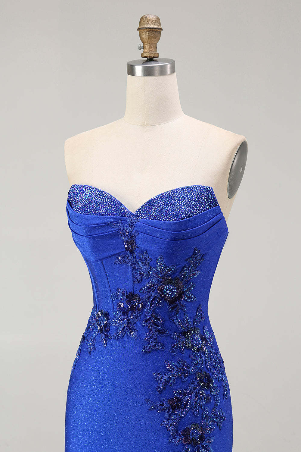 Sparkly Royal Blue Corset Mermaid Floral Maxi Prom Dress with Beading