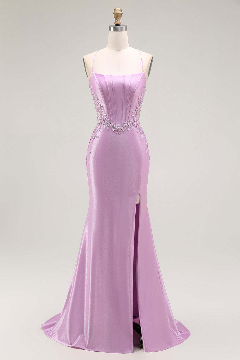 Leely Women Purple Appliqued Corset Long Prom Dress with Slit Mermaid Satin Spaghetti Straps Backless Formal Dress