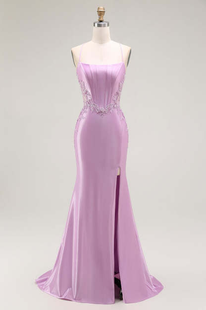 Leely Women Purple Appliqued Corset Long Prom Dress with Slit Mermaid Satin Spaghetti Straps Backless Formal Dress