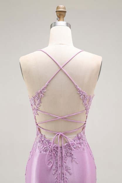 Purple Mermaid Appliqued Corset Long Prom Dress with Slit