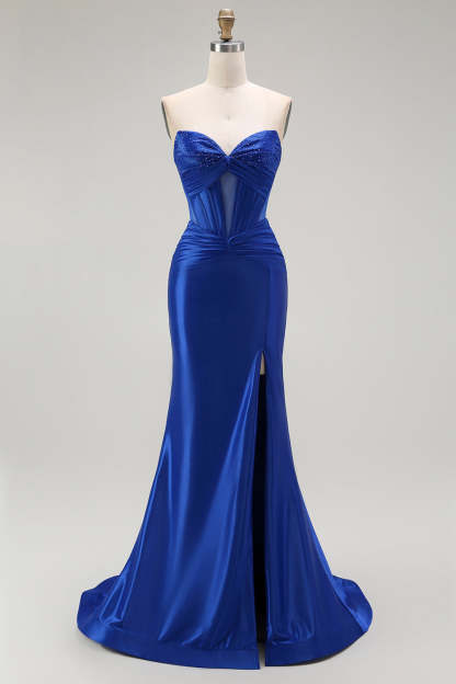 Sparkly Royal Blue Mermaid Corset Maxi Keyhole Prom Dress with Beading