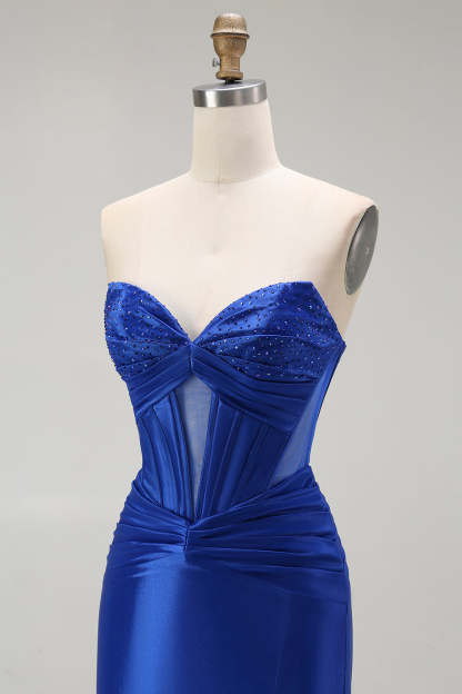 Sparkly Royal Blue Mermaid Corset Maxi Prom Dress with Beading