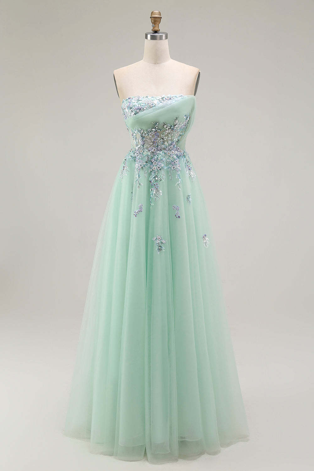 Leely Women Green Floral Long Prom Dress with Appliques Strapless A Line Formal Dress