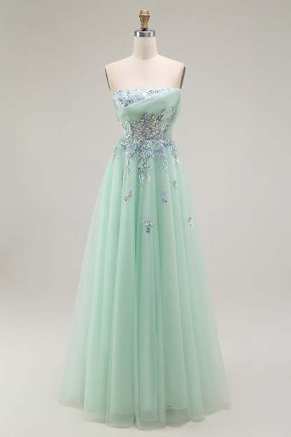 Leely Women Green Floral Long Prom Dress with Appliques Strapless A Line Formal Dress