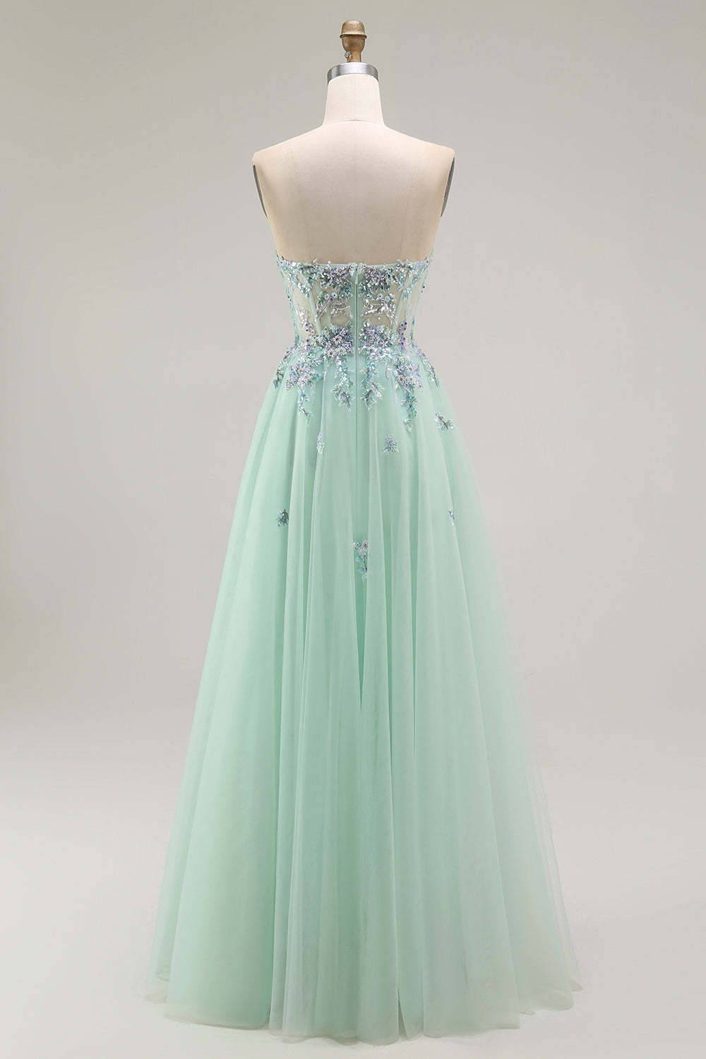 Green Strapless Floral A Line Long Prom Dress with Appliques