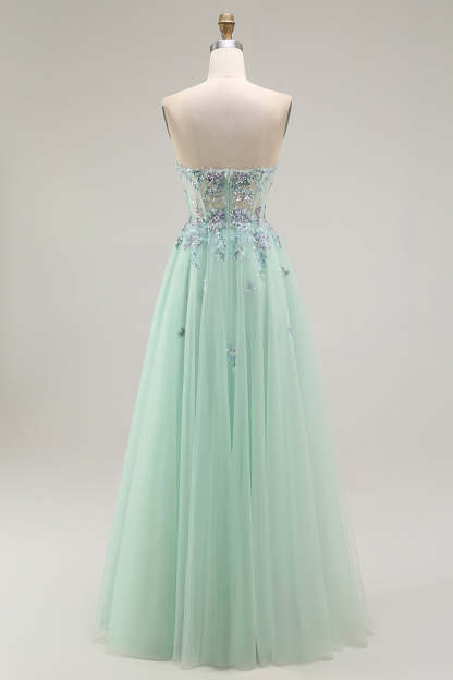 Green Strapless Floral A Line Long Prom Dress with Appliques