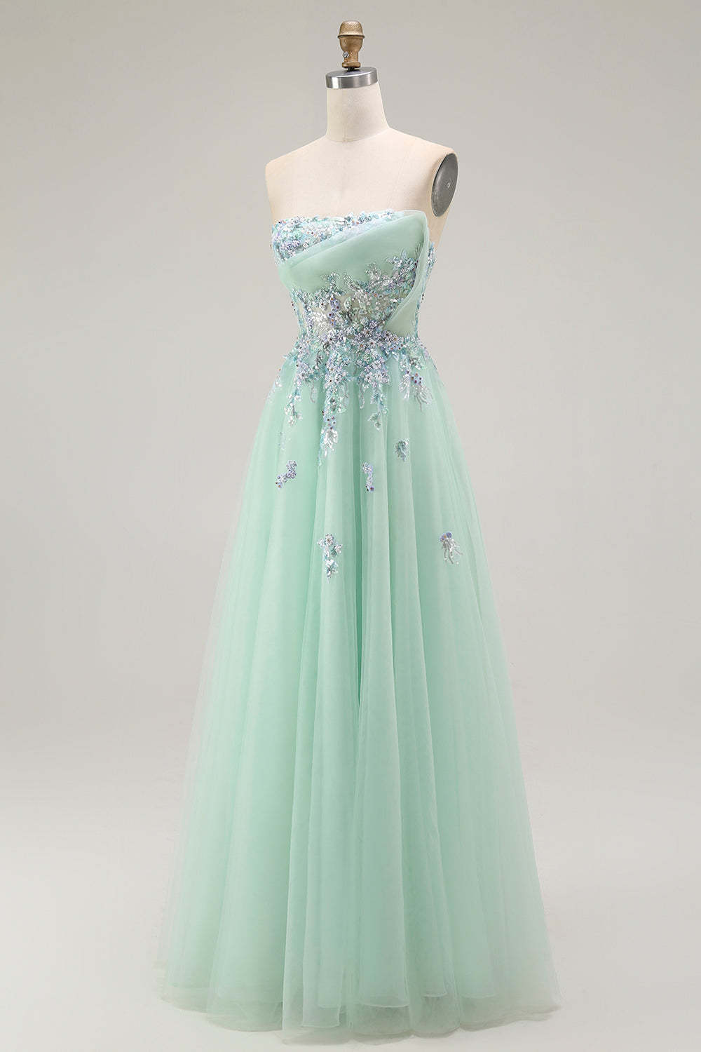 Green Strapless Floral A Line Long Prom Dress with Appliques