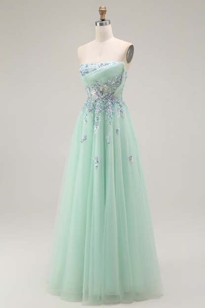 Green Strapless Floral A Line Long Prom Dress with Appliques