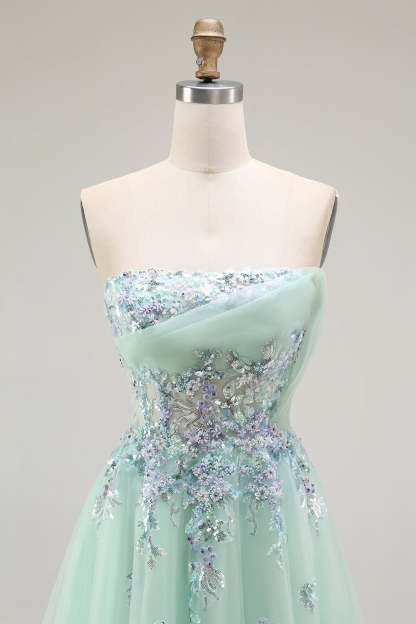 Green Strapless Floral A Line Long Prom Dress with Appliques