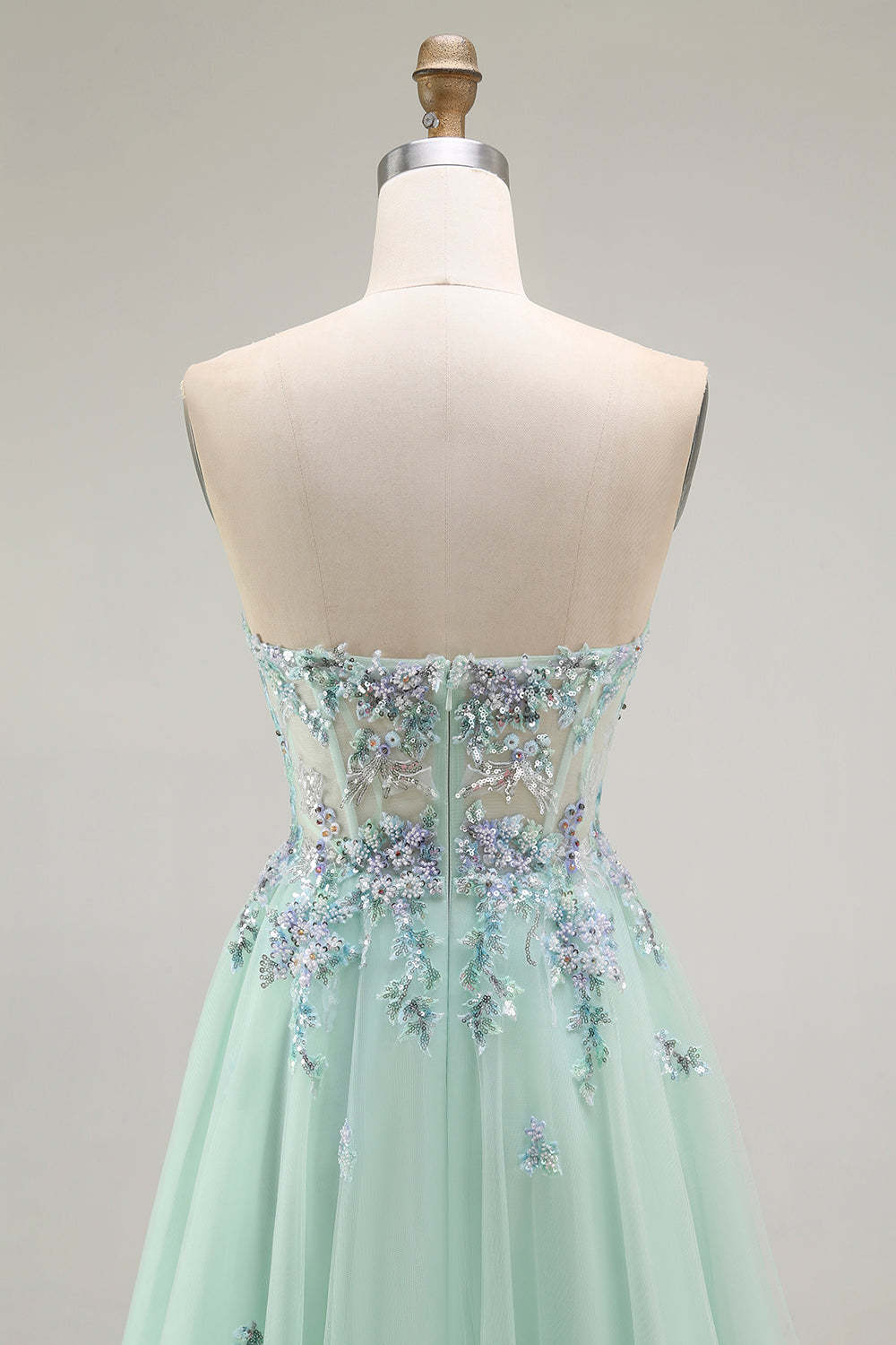 Green Strapless Floral A Line Long Prom Dress with Appliques