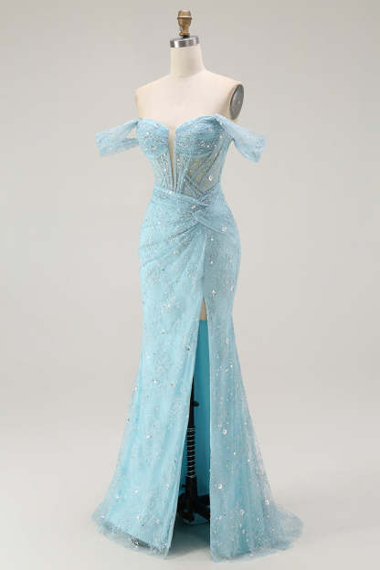 Sparkly Blue Mermaid Corset Off the Shoulder Long Prom Dress with Slit